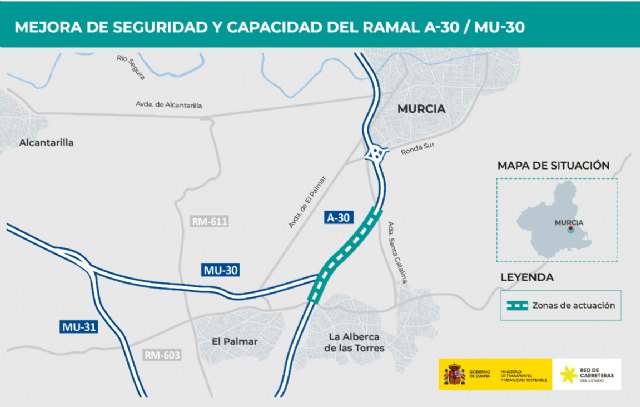 Transportes adjudica por casi 12 millones de euros las obras para mejorar el ramal de incorporación de la A-30 a la MU-30 en Murcia - 1, Foto 1