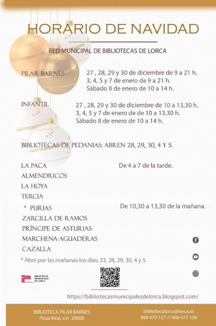 La Red municipal de Bibliotecas de Lorca informa de los horarios de sus instalaciones con motivo de las fechas navideñas - 1, Foto 1
