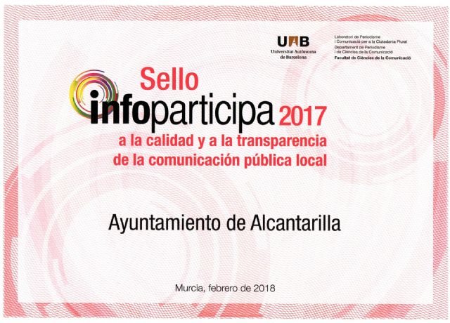 Alcantarilla renueva el SELLO INFOPARTICIPA 2017, junto a otros cinco ayuntamientos de la Región de Murcia, a la transparencia de la comunicación pública local - 4, Foto 4