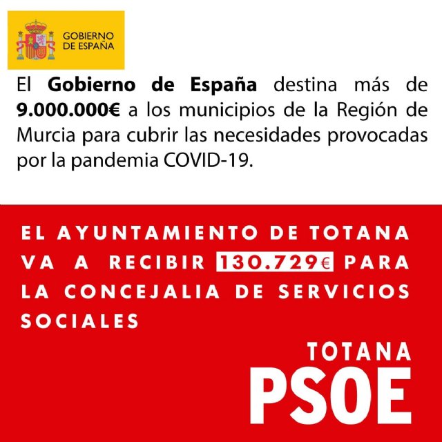El Ayuntamiento de Totana va a recibir 130.729 € del Gobierno de España para cubrir necesidades sociales urgentes ante el Covid19, Foto 1