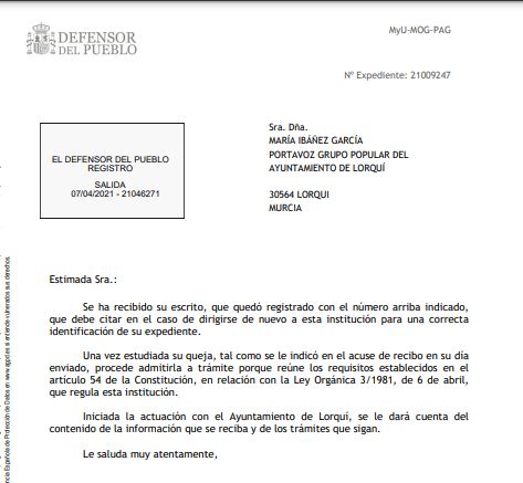 El Defensor del Pueblo admite a trámite la queja del PP de Lorquí sobre la no retransmisión de las sesiones plenarias a través de los medios públicos - 1, Foto 1
