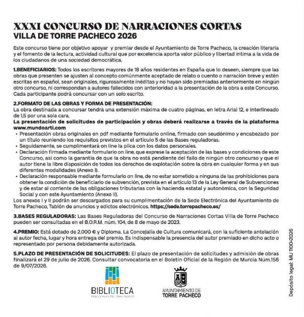 XXXI Concurso de Narraciones Cortas Villa de Torre Pacheco 2026 - 4, Foto 4