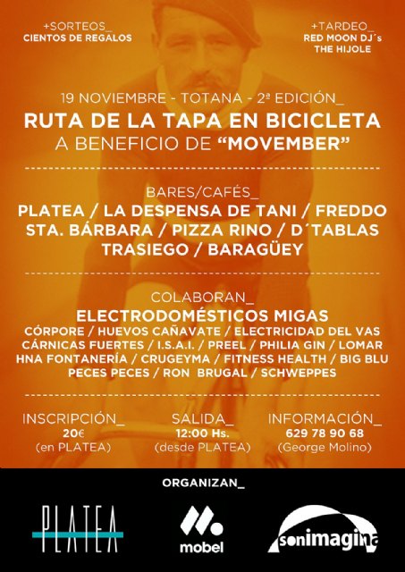El próximo sábado 19 de noviembre tendrá lugar la 2ª edición de la Ruta de la Tapa en Bicicleta x Totana a beneficio de Movember, Foto 1