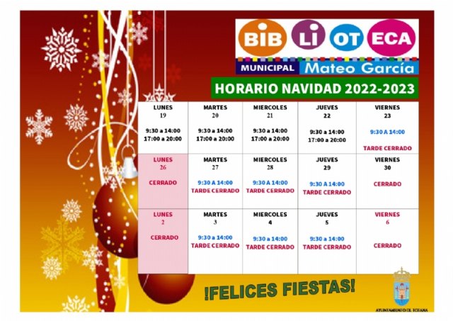 Se modifica el horario de la Biblioteca Municipal “Mateo García” y de la Sala de Estudio con motivo de las fiestas de Navidad - 1, Foto 1