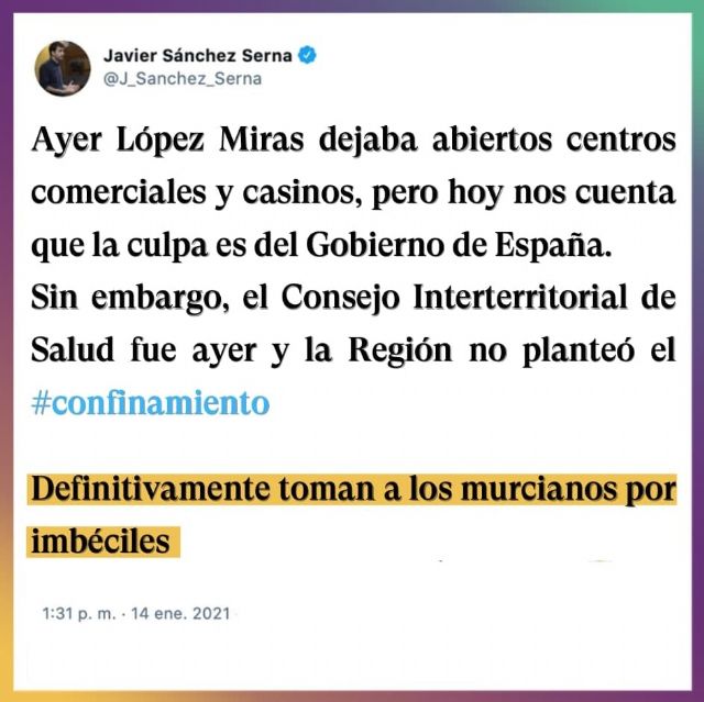 Javier Sánchez Serna: Definitivamente, López Miras está tomando a los murcianos por imbéciles - 1, Foto 1