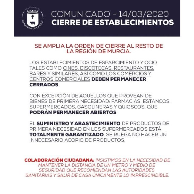 El Ayuntamiento de Caravaca comunica la orden del Gobierno regional de cerrar todos los establecimientos salvo los que suministran bienes de primera necesidad - 2, Foto 2