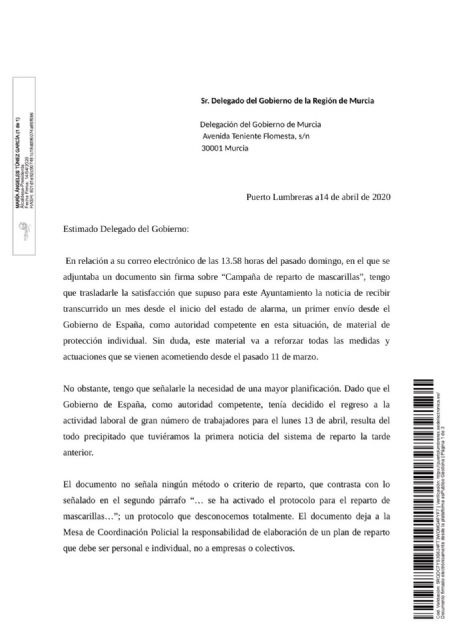 El Ayuntamiento de Puerto Lumbreras solicita 11.000 mascarillas a la Delegación del Gobierno para proteger a toda la población - 1, Foto 1