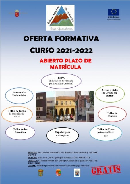 Abierto el plazo de matrcula para el curso 2021-2022 en el Centro de Educacin de Adultos del Bajo Guadalentn, Foto 1