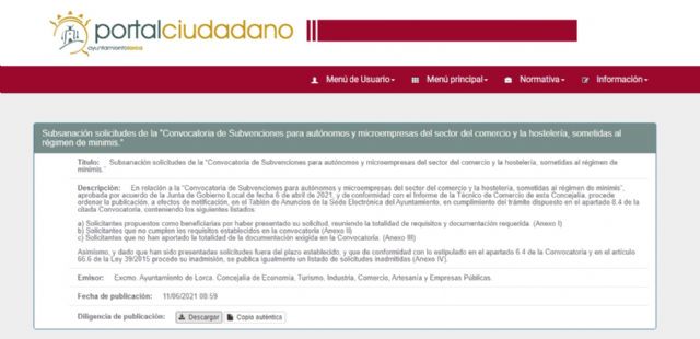 El Ayuntamiento de Lorca informa que ya está publicada la lista de los solicitantes de la convocatoria de Subvenciones para autónomos y microempresas del comercio y la hostelería - 1, Foto 1