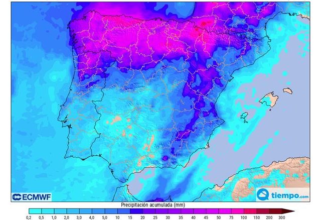 Acumulados de lluvia previstos hasta el domingo, cercanos a los 100 litros por metro cuadrado en las proximidades del Cantábrico., Foto 1