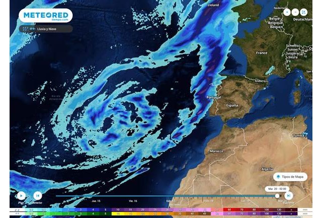 El primer frente con lluvias intensas llegando el martes, asociado a la borrasca atlántica., Foto 1