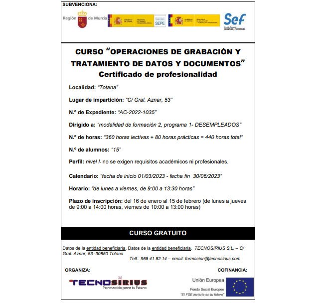 Curso gratuito operaciones de grabación y tratamiento de datos y documentos, Foto 2