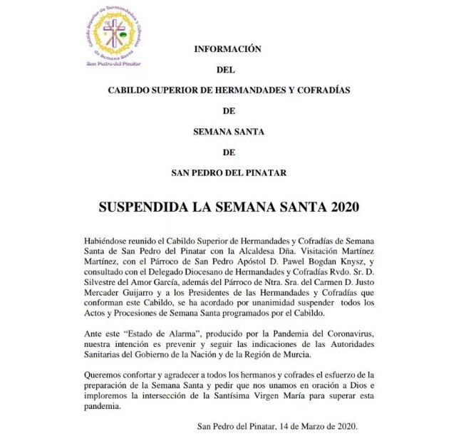 Suspendida la Semana Santa de San Pedro del Pinatar - 1, Foto 1