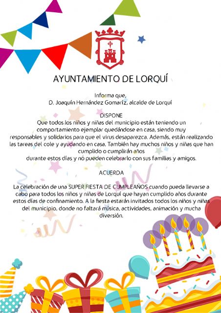 El Ayuntamiento de Lorquí organizará una gran fiesta de cumpleaños para los niños y niñas que no hayan podido celebrarlo - 1, Foto 1