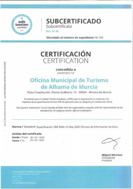 La oficina de turismo de Alhama obtiene el certificado Safe Tourism Certified, Foto 1