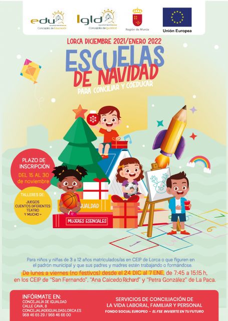 El Ayuntamiento de Lorca oferta un total de 135 plazas para las 'Escuelas de Navidad para Conciliar y Coeducar' que se desarrollarán del 24 de diciembre al 7 de enero - 1, Foto 1