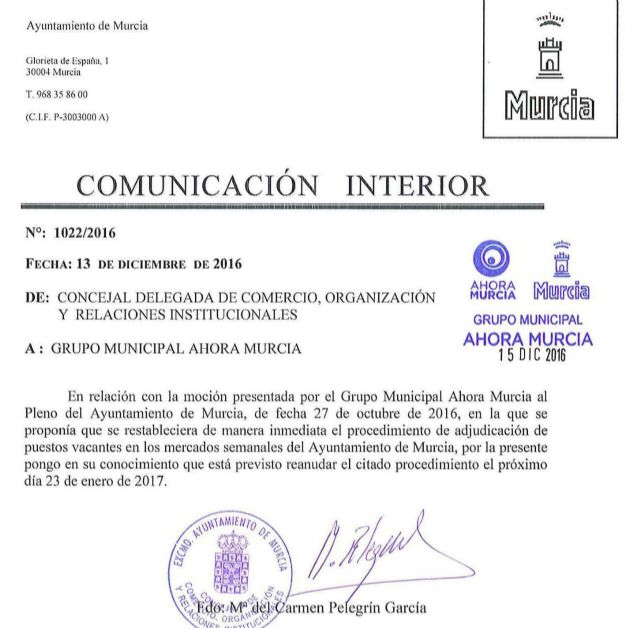 La adjudicación de vacantes de los mercados semanales se reanudará el 23 de enero tras la moción de Ahora Murcia - 1, Foto 1