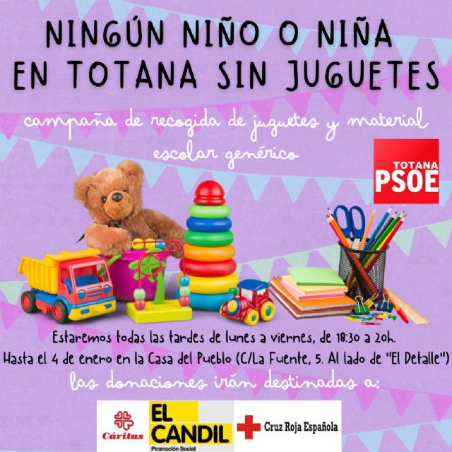 Campaña solidaria de recogida de juguetes y material escolar: ningún niño ni niña en Totana sin juguetes, Foto 1