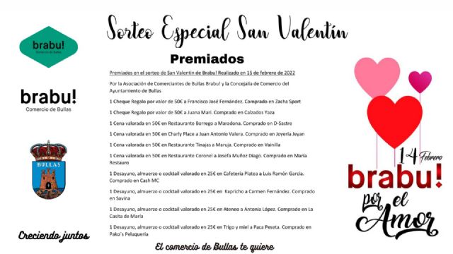 El sorteo del comercio por San Valentín reparte cheques regalos, cenas, comidas y meriendas entre los vecinos de Bullas - 1, Foto 1