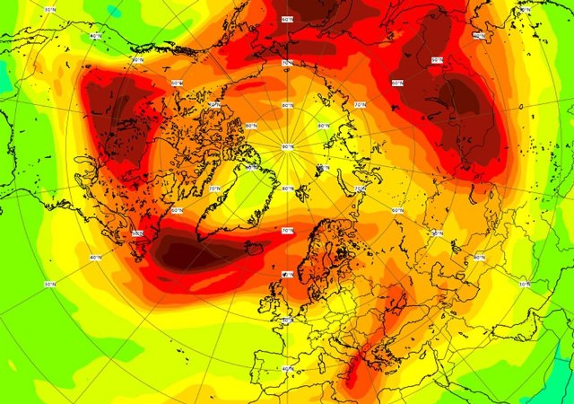 Se empieza a intuir una disminución de la densidad del ozono sobre el polo norte (tonos verdes), Foto 1