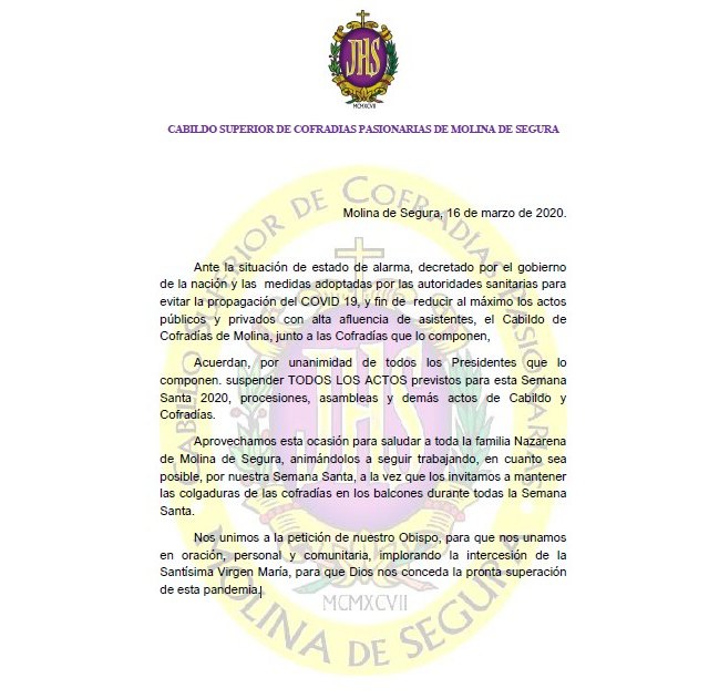 Se suspendes todos los actos previstos para esta Semana Santa 2020 de Molina de Segura - 1, Foto 1
