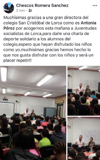Indignación ante la publicación en RRSS de charlas impartidas por Juventudes Socialistas, plataforma juvenil del PSOE lorquino, en un colegio local - 1, Foto 1