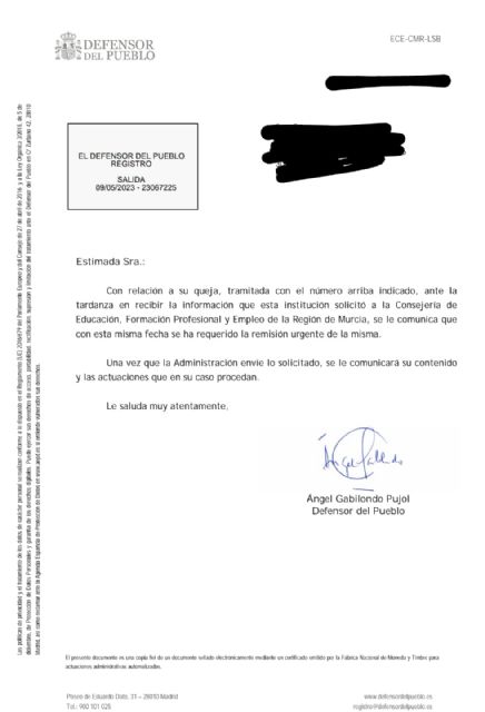 El Defensor del Pueblo volvió a requerir respuesta urgente a la Consejería de Educación de la CARM - 1, Foto 1