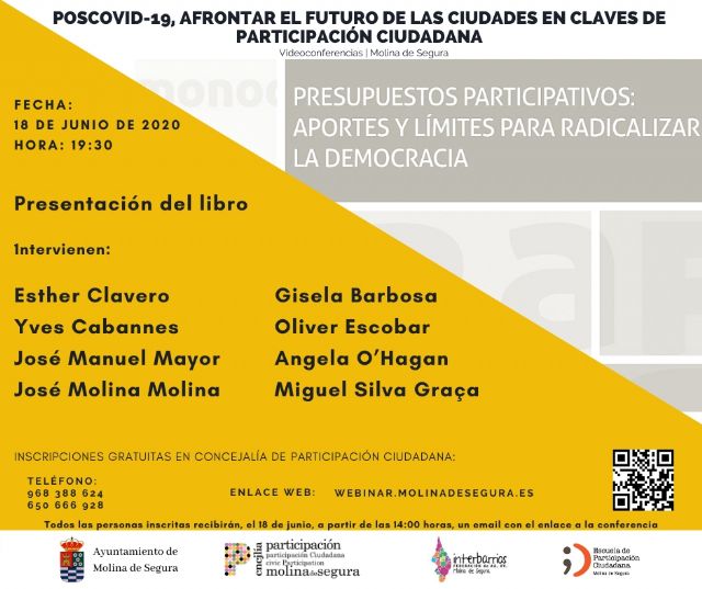 Presentación del libro Presupuestos Participativos: Aportes y límites para radicalizar la democracia, el jueves 18 de junio, en las Jornadas de videoconferencias Poscovid-19 en Molina de Segura - 1, Foto 1
