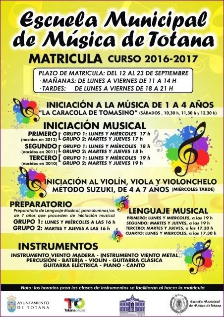 El plazo de matrícula de la Escuela Municipal de Música de Totana para el curso 2016/17 es hasta el próximo día 23 de septiembre, Foto 2