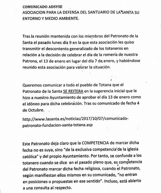 Comunicado de Adsyse referente a la reunión mantenida con el patronato de La Santa - 1, Foto 1