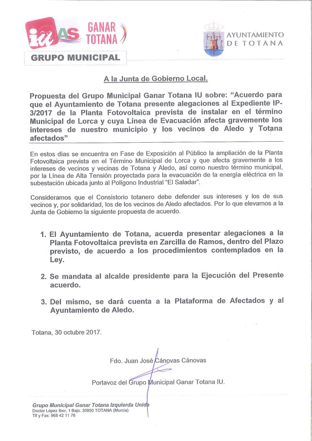 A propuesta de Ganar Totana IU, el Ayuntamiento presentará alegaciones al proyecto de la Planta Fotovoltaica prevista en la diputación lorquina de Zarcilla de Ramos, Foto 1
