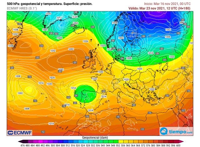 Una DANA (en verde) podría aislarse sobre el noroeste peninsular de cara a la próxima semana., Foto 1