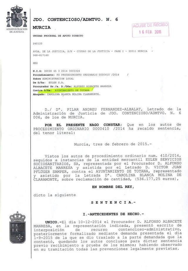 El alcalde hace pública otra sentencia por la que se condena al ayuntamiento a abonar más de medio millón de euros más intereses a un proveedor, Foto 1
