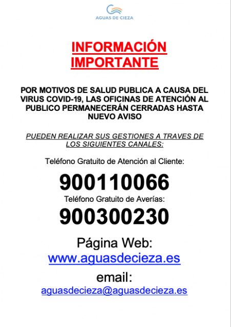 Aguas de Cieza cierra temporalmente su canal de atención presencial en las oficinas - 1, Foto 1