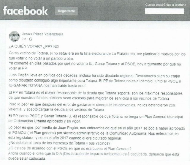 La Junta Electoral desestima una denuncia del PP contra la Plataforma Vecinos X Totana y contra uno de sus candidatos, Foto 1