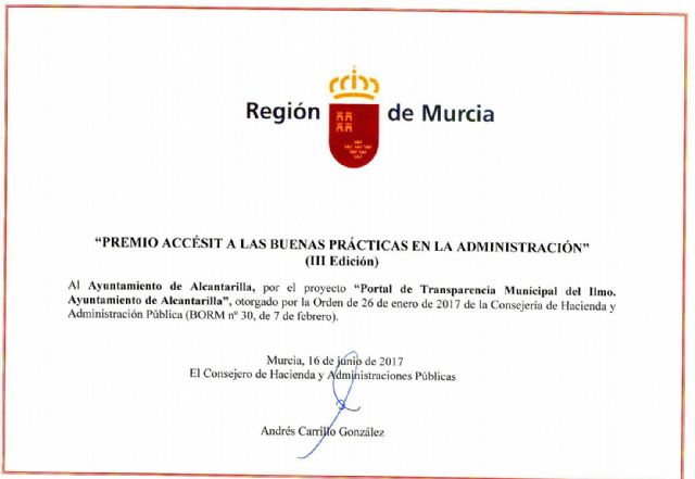 El portal de transparencia del Ayuntamiento de Alcantarilla recibe el accésit en los III Premios a la Innovación y Buenas Prácticas de la Comunidad Autónoma de la Región de Murcia - 2, Foto 2
