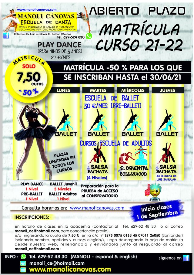 [La Escuela de Danza Manoli Cánovas abre el plazo de matrícula para el curso 2021-22