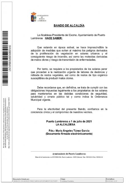 El Ayuntamiento de Puerto Lumbreras emite un Bando de Alcaldía instando a los propietarios de solares a su limpieza para evitar riesgos de incendio y molestias a los vecinos - 1, Foto 1
