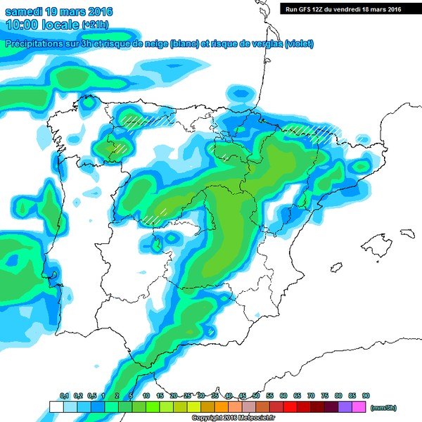 Mapa con la predicción para el sábado a las 10 de la mañana en el que se observa el frente a las puertas de la Región de Murcia. Consulte la leyenda de colores que indican la cantidad de precipitaciones estimada, Foto 1