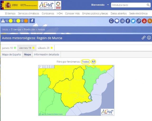 Meteorología emite boletín de fenómenos adversos nivel amarillo por lluvias para mañana tarde en la Región de Murcia