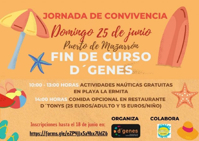DGenes organiza una jornada de convivencia en Puerto de Mazarrn para socios y usuarios de la entidad el prximo 25 de junio, Foto 1
