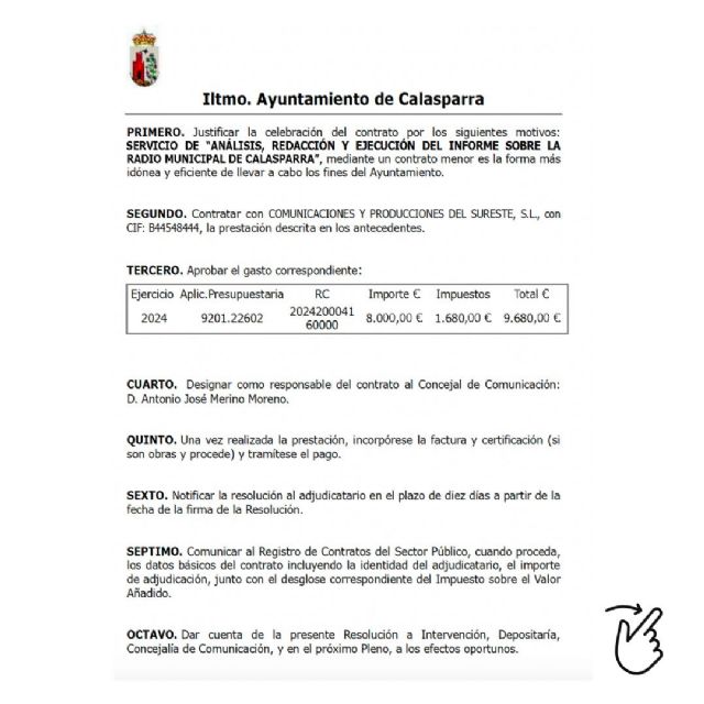 El PP de Calasparra destapa un contrato exprés de 9.680 € sin rastro del trabajo adjudicado - 2, Foto 2