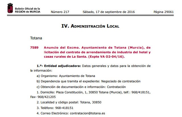 El BORM publicó ayer el anuncio de licitación del contrato de arrendamiento de industria del hotel y casas rurales de La Santa - 2, Foto 2