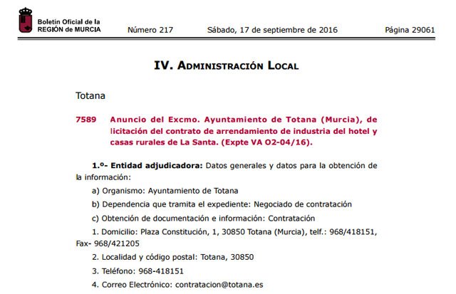 El BORM publicó ayer el anuncio de licitación del contrato de arrendamiento de industria del hotel y casas rurales de La Santa, Foto 2