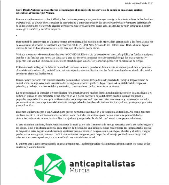 Anticapitalistas Murcia denuncia el no inicio de los servicios de comedor en algunos centros educativos del municipio Murcia - 1, Foto 1