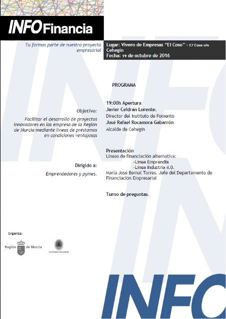 Cehegín acoge mañana miércoles una jornada en la que se presentarán las nuevas líneas de financiación del INFO para PYMES y emprendedores - 1, Foto 1