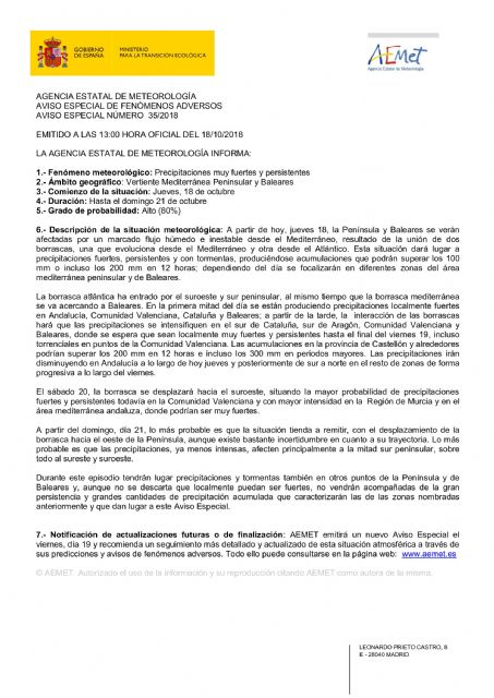 El Alcalde ordena el establecimiento de un dispositivo especial que permanezca alerta ante el aviso de fuertes lluvias trasladado por la Agencia Estatal de Meteorología - 2, Foto 2