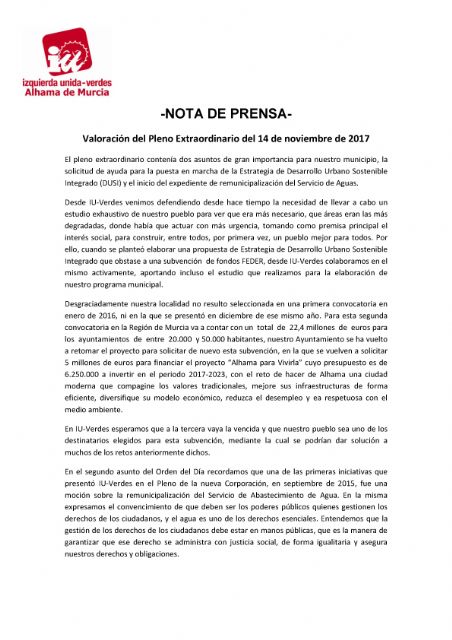 Valoracin del Pleno Extraordinario del 14 de noviembre de 2017. IU-Verdes, Foto 1