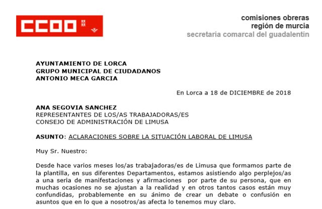 CCOO hace pública una carta para aclarar la situación laboral en Limusa - 1, Foto 1