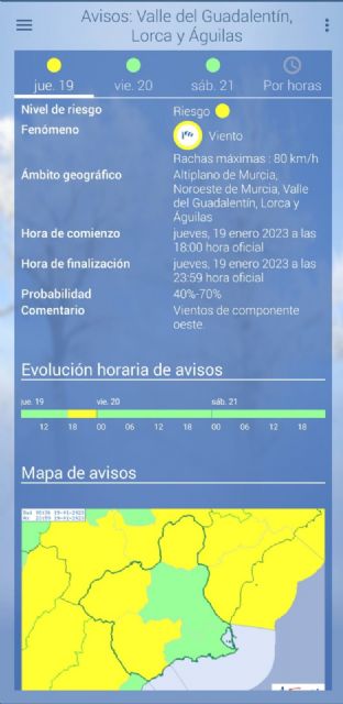 La AEMET activa un nuevo aviso amarillo, entre las 18 y las 23:59 horas de este jueves, en Lorca, por vientos que podrían alcanzar los 80km/h - 1, Foto 1